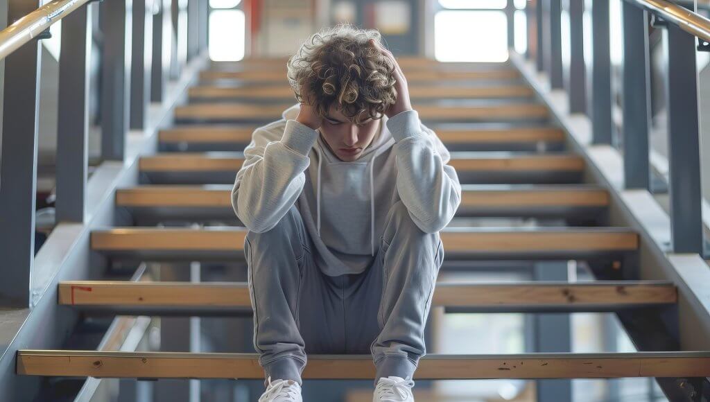 Adolescent en crise d'angoisse, mains portant sa tête, difficulté à respirer - Esprit Primavera Toulouse